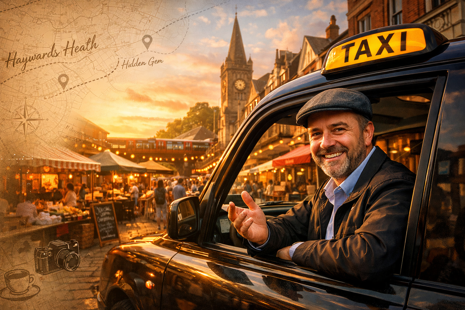 Local taxi driver guiding passenger through Haywards Heath streets