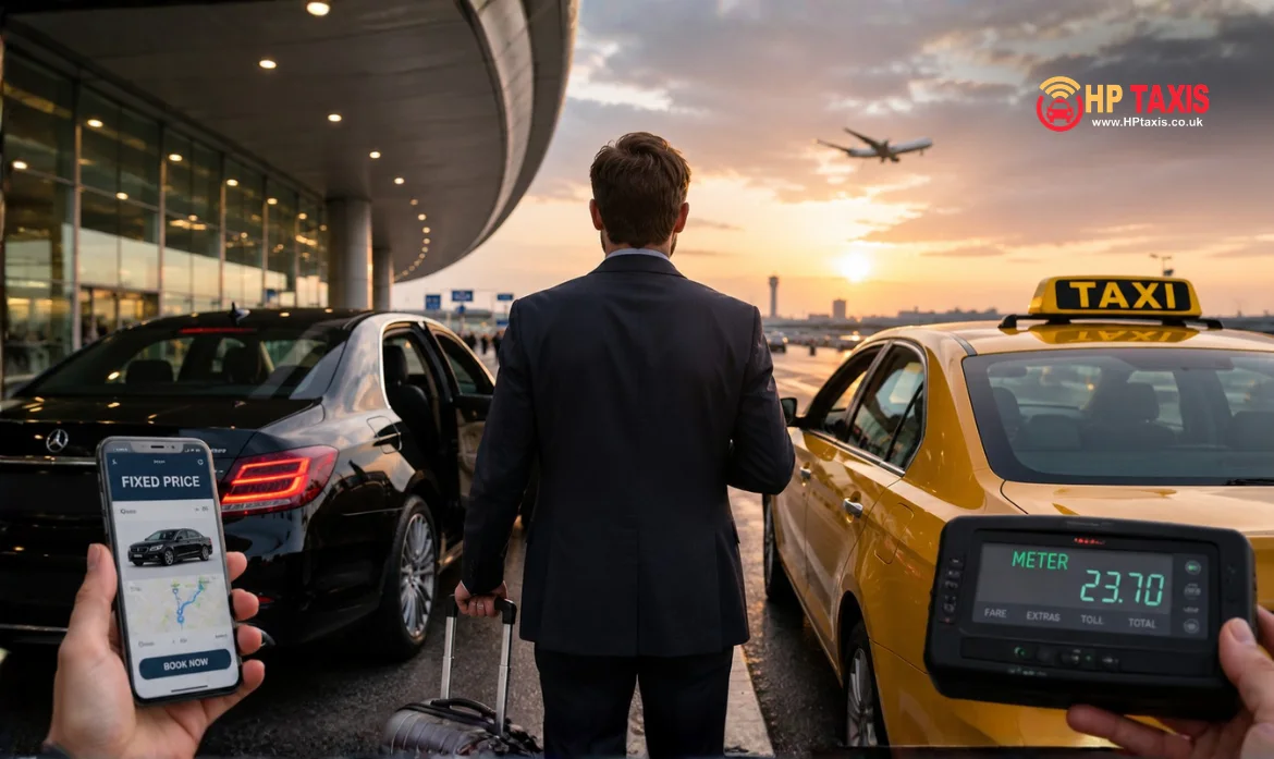 Traveller choosing between fixed price airport taxi and metered airport cab outside hotel