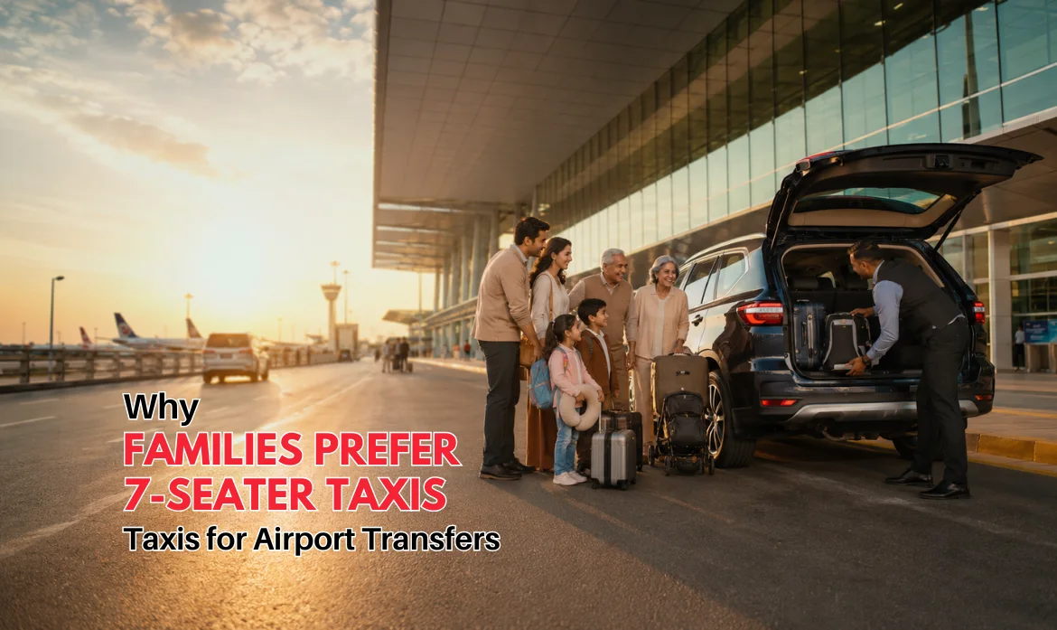 Family travelling together in a 7-seater taxi for an airport transfer
